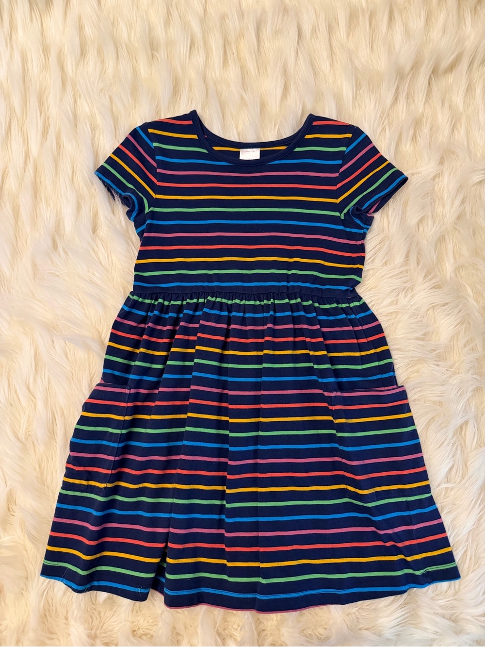 Hanna Andersson Navy Multi-Stripe Short Sleeve Dress with Pockets sz 8/130